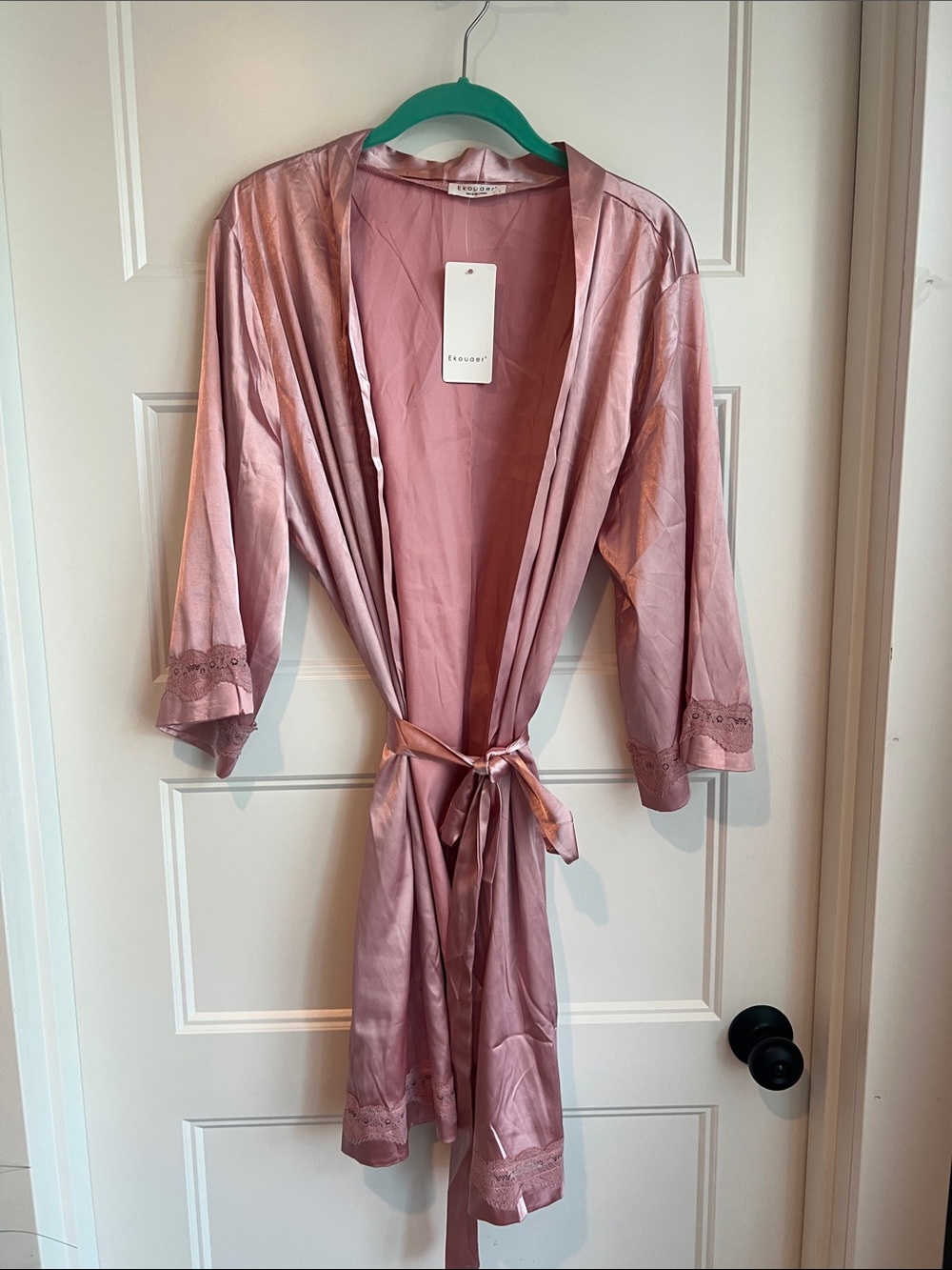 Satin Kimono Robe in Blush Pink with Lace Trim